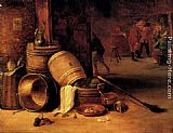 An interior scene with pots, barrels, baskets, onions and cabbages with boors carousing in the background by David the Younger Teniers